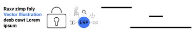 Business solutions, data security, ERP integration, financial management, system processes, communication. Visual features include a lock, ERP icon and various system process icons. Business