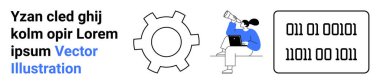 Woman using binoculars while holding a laptop, gear icon illustrating technical process, and binary code. Ideal for technology, coding, analytics, innovation, problem-solving, software simple