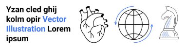 Business strategy, global connectivity, decision-making, health, teamwork, and innovation. Hand-drawn heart, globe with arrows and chess knight. Business strategy and global connectivity concepts