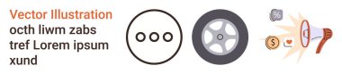 Marketing, communication, automotive design, advertising, branding, abstract icons. Visual elements include a circle with dots, a wheel and a megaphone. Marketing and communication concept