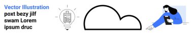 Bulut teknolojisi, dijital depolama, fikir geliştirme, yenilik, takım çalışması, veri erişimi. Çizgi sanatı bulutu, elinde defter tutan bir bina çalışanı ampulü. Bulut teknolojisi ve fikir geliştirme