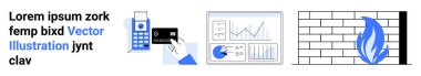 Mobile payment with credit card, data charts on screens, firewall protection with flame symbol. Ideal for fintech, analytics, cybersecurity, e-commerce, data visualization, payment systems simple