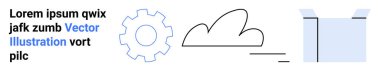Technology, cloud storage, workflow, organization, system integration, digital process. Gear icon, cloud symbol and open box outline. Cloud storage and digital process concept