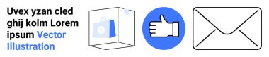 Communication, messaging services, approval, packaging, digital content, branding. A thumbs-up icon, mail envelope and transparent box on white. Communication and messaging services concept