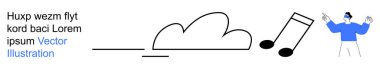 Cloud storage, music streaming, digital networks, online sound sharing, creative content, modern media technology. A cloud, musical note and person wearing blue. Music streaming and cloud storage