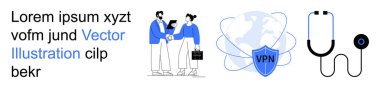 İş ekibi çalışması, internet güvenliği, VPN bağlantısı, sağlık çözümleri, teknoloji entegrasyonu, uzak hizmetler. İki kişi el sıkışıyor, VPN kalkan steteskobu. İnternet güvenliği ve takım çalışması