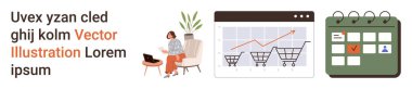 Dijital pazarlama, iş analizleri, planlama, online alışveriş, e-ticaret, iş akışı yönetimi. Oturan bir kadın, analitik grafik, alışveriş arabaları ve bir takvim ikonu. İş analizleri