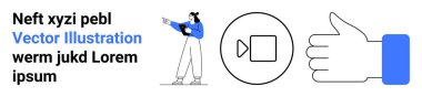 Female character pointing at tablet, video play button, and thumbs-up symbol. Ideal for communication, media, social networking, educational tools, branding, feedback systems and a simple landing
