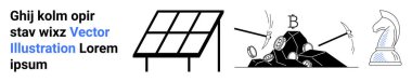 Renewable energy, cryptocurrency, finance, technology, strategy, sustainability. Solar panel, digital mining with blockchain symbols knight chess piece. Renewable energy and cryptocurrency concept