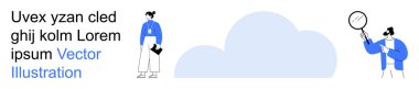 Data analysis, cloud computing, teamwork, digital technology, research processes, innovation. Two people interacting with data and cloud. Data analysis and cloud computing concept