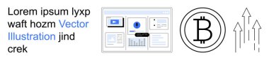Kripto para birimi, engelleme zinciri, finansal büyüme, dijital yatırımlar, fintech yeniliği, ekonomik analiz. Bitcoin sembolü, yukarı doğru oklar ve veri diyagramı. Kripto para birimi ve finansal büyüme kavramı