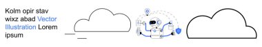Cloud computing, digital technology, data storage, networking, remote access, IT solutions. Cloud outlines with digital connectivity icons. Cloud computing and digital technology concept