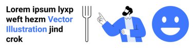 Food choices, decisions, humor, simple design, graphic art, minimalism. A man pointing at a fork, accompanied by a happy face and text. Food choices and decision-making