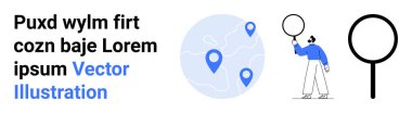 Yer belirleme simgelerinin yer aldığı bir kürenin yanında büyüteç tutan adam. Navigasyon, keşif, arama, araştırma, analitik, seyahat rehberleri ve basit iniş sayfası için ideal