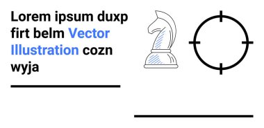 Strateji, odaklanma, planlama, karar verme, analiz, hedef belirleme. Satranç şövalyesi silueti, üzerinde metin elementleri olan bir hedef sembolün yanında. Minimum tasarım stratejisi ve odaklanma konsepti