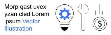 İş stratejisi, yenilik, teknik destek, mali yönetim, mühendislik, problem çözme. Ampulün içindeki dişli, İngiliz anahtarı ve dolar sembolü. Yenilik ve iş stratejisi