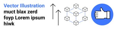 Blockchain, technology, digital business, growth metrics, user approval, system connectivity. Upward arrows, cube network grid and thumbs-up symbol. Blockchain and technology concept