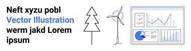 Bir ağaç hattının yanında rüzgar türbini, bir ekranda analitik çizelgeler ve grafikler. Sürdürülebilirlik, yeşil enerji, veri analizi, teknoloji, çevre bilinci, yenilenebilir kaynaklar, basit