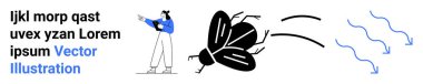 A person in casual attire swats at a flying insect with visible motion lines symbolizing swift movement. Ideal for pest control, action themes, environmental issues, dynamic concepts, warning, humor