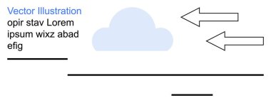 Hava tahmini, veri transferi, bulut hesaplama, yön akışı, tasarım elemanları, vektör sanatı. Mavi bulut ve dışarıya bakan iki ok. Veri transferi ve bulut hesaplama kavramı