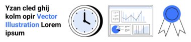 Dakikliği, veri takibini, başarıyı, verimliliği, performansı, iş büyümesini temsil eden saat, grafik ve rozet. İş sunumları için ideal eğitim yönetimi projesi