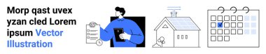 Smart home technology, renewable energy, task planning, home administration, digital workflows, productivity. Person holding tablet with checklist, house with solar panels and calendar. Smart home