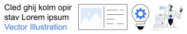 Business solutions, innovation, future technology, robotics, workflow, automation. Abstract of processes. Robotics and innovation concepts gear and lightbulb icons
