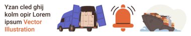Ulaşım, lojistik, nakliye endüstrisi, teslimat hizmetleri, küresel ticaret, nakliye yönlendirmesi. Sırtı açık bir nakliye kamyonu, alarm zili ve kargo gemisi. Ulaşım ve lojistik kavramı