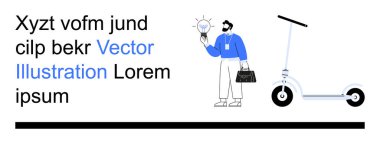 Yenilik, iş çözümleri, elektrik hareketliliği, enerji fikirleri, eko-ulaşım, yaratıcı kavramlar. Elektrikli scooter yanında otururken bir adam ampulü tutuyor. Yenilik ve eko-ulaşım kavramı