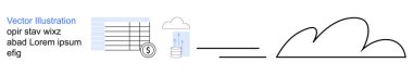 Cloud technology, financial data, digital economy, data storage, cloud computing, database solutions. Icons of cloud storage, financial chart and cloud networking. Computing and data storage