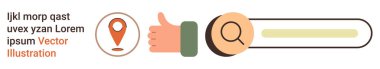 Arama optimizasyonu, kullanıcı arayüzü, çevrimiçi geri besleme, navigasyon araçları, dijital keşif, müşteri memnuniyeti. Bir başparmak ikonu yanında büyüteç ve konum pin ile arama çubuğu