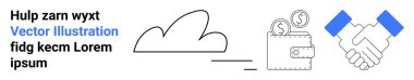 Cloud technology, digital finance, partnerships, online payments, business collaboration, virtual storage. A cloud, wallet with coins and handshake icons. Cloud technology and digital finance
