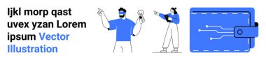 Two figures presenting ideas, one with VR headset, one with lightbulb, alongside futuristic digital wallet. Ideal for innovation, technology, brainstorming, finance, virtual reality problem-solving