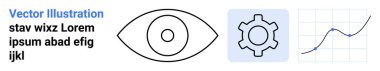 Eye symbol, gear for settings, and line graph on a grid. Ideal for analytics, technology, strategy, research, data visualization, optimization simple landing page