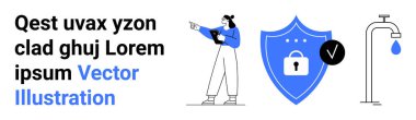 Dizüstü bilgisayarı olan bir kadın, kilitlenmiş ve işaretlenmiş bir kalkan ve damlatılmış bir musluk. Siber güvenlik, gizlilik, güvenli tarama, kaynak koruma, dijital araçlar, ekolojik farkındalık sade iniş için ideal