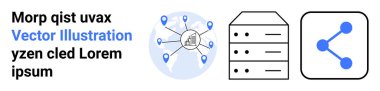 Technology, data networking, global communication, information storage, cloud services, digital sharing. Centralized server graphic connecting global nodes. Data networking and global communication