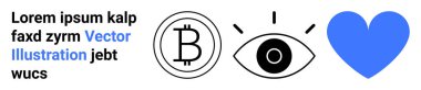 Kripto para, finans, dijital ekonomi, vizyon, gözlem, aşk, bakım. Bitcoin sembolü bir göz ve mavi bir kalp sergilenir. Kripto para birimi ve finans fikirleri öne çıkıyor