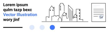 Kentsel ufuk çizgisi minimalist binalar ve imzalı belge ikonu mimari, hukuki anlaşma ve iş konseptini birleştiriyor. Şirket mesajları, şehir planlaması, mimari, gayrimenkul için ideal