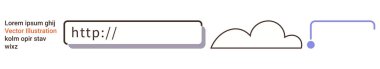 İnternet navigasyon, bulut hesaplama, bağlantı, ağ sunucu, çevrimiçi erişim ve dijital araçlar. Bulut ve bağlantı sembollü URL çubuğu. İnternet gezinti ve bulut hesaplama