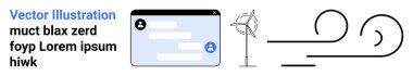 Dijital iletişim, kullanıcı arayüzü, yenilenebilir enerji, rüzgar gücü, eko-teknoloji, sürdürülebilirlik. Rüzgar türbini ve ilgili ikonografinin yanındaki sohbet penceresi. Dijital iletişim ve yenilenebilir