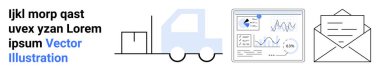 Logistics, business operations, data analysis, communication, delivery services, email correspondence. Iconic s of a truck, analytics dashboard and an envelope. Logistics and business operations