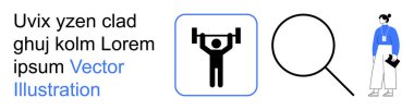 Fitness, research, analysis, personal growth, lifestyle, data insights. Weightlifting icon, magnifying glass person with notebook. Fitness and research conceptual design for applications