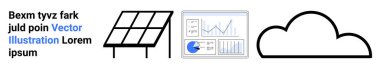 Solar panel icon, analytics dashboard with charts, and cloud symbol. Ideal for renewable energy, sustainability, technology, data analysis, cloud storage, eco-friendly solutions simple landing page
