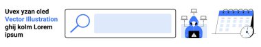Siber güvenlik, çevrimiçi güvenlik, hackleme önleme, dijital arama, zamanlama, veri güvenliği. Görseller arasında bir arama barı, kapüşonlu hacker figürü bir takvim ve teknik simgeler var. Siber güvenlik ve online