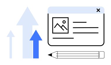 Content creation, SEO, digital marketing, web design, business growth, online strategy. A webpage layout, arrows pointing upward and a pencil icon. Content creation and SEO concept