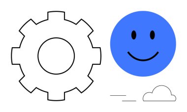 Teknoloji konsepti. Vites ve mutlu yüz yeniliği, verimlilik ve mutluluk. Teknoloji basitlik ve kusursuz yaratıcılık için ilerlemeyi birleştirir. Uygulamalar, kullanıcı arayüzü ve markalaşma için