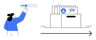 İşe alım süreci. Özgeçmiş ve dosya sistemi olan profiller seçen bir kadın. Profesyonel işe alımlar, aday yönetimi, HR sistemleri ve iş başvuruları için işe alım araçları