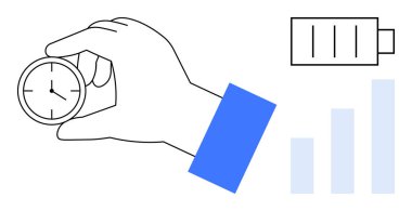 Zaman yönetimi konsepti. Batarya simgesi ve bar tablosu ile el ele tutuşan saat, zaman optimizasyonu. Zaman yönetimi verimliliği, planlamayı ve verimliliği arttırır. İş için, üretkenlik araçları