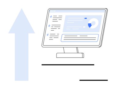 İş büyümesi, veri görselleştirme, analitik, performans takibi, şirket stratejisi, teknoloji çözümleri. Çizelge ve verileri yukarı doğru ok ile gösteren ekran. İş büyümesi ve verileri