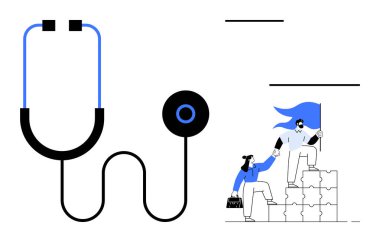 Sağlık, takım çalışması, işbirliği, liderlik, destek, tıbbi yenilik. Büyük bir steteskop ve bloklarda birbirine yardım eden bir ekip. İşbirliği için sağlık ve takım çalışması vurgulandı